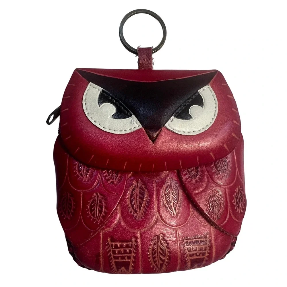 Vintage Hand Crafted Tooled Red Leather Owl Coin Pouch